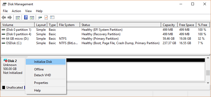 Initializing the New Drive in Windows