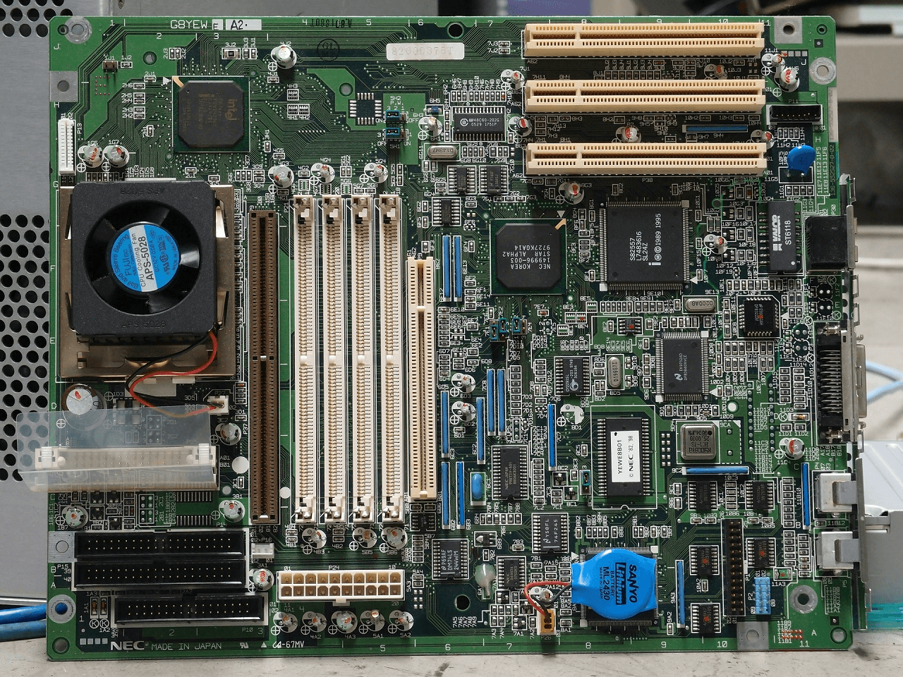 A computer motherboard.