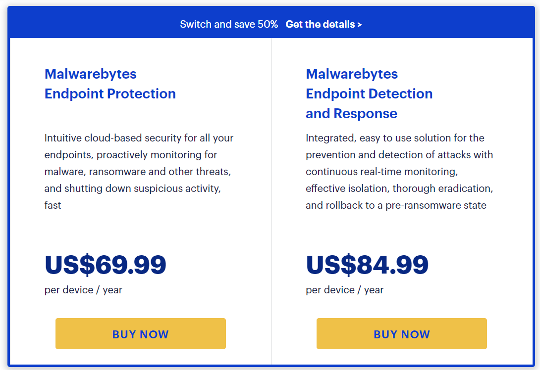 Image showing the pricing plans of Malwarebytes for business