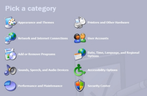 This image depicts what the Windows XP control panel looks like.