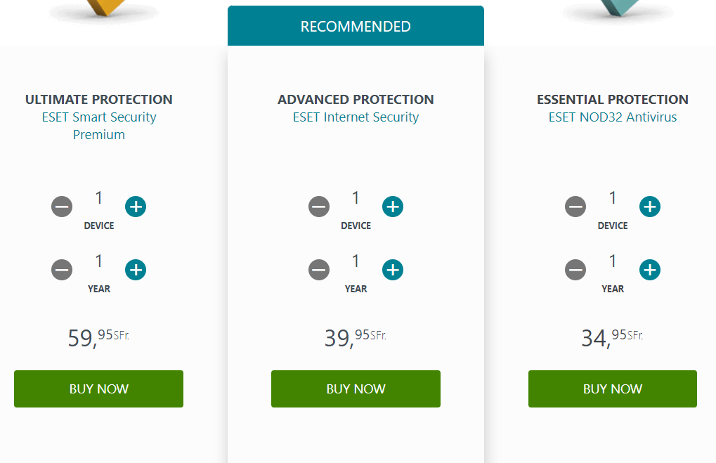 Image showing the paid plans of ESET Internet Security