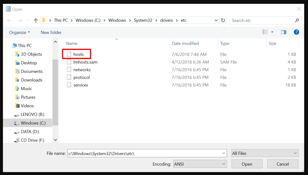 Select All Files to locate the host file