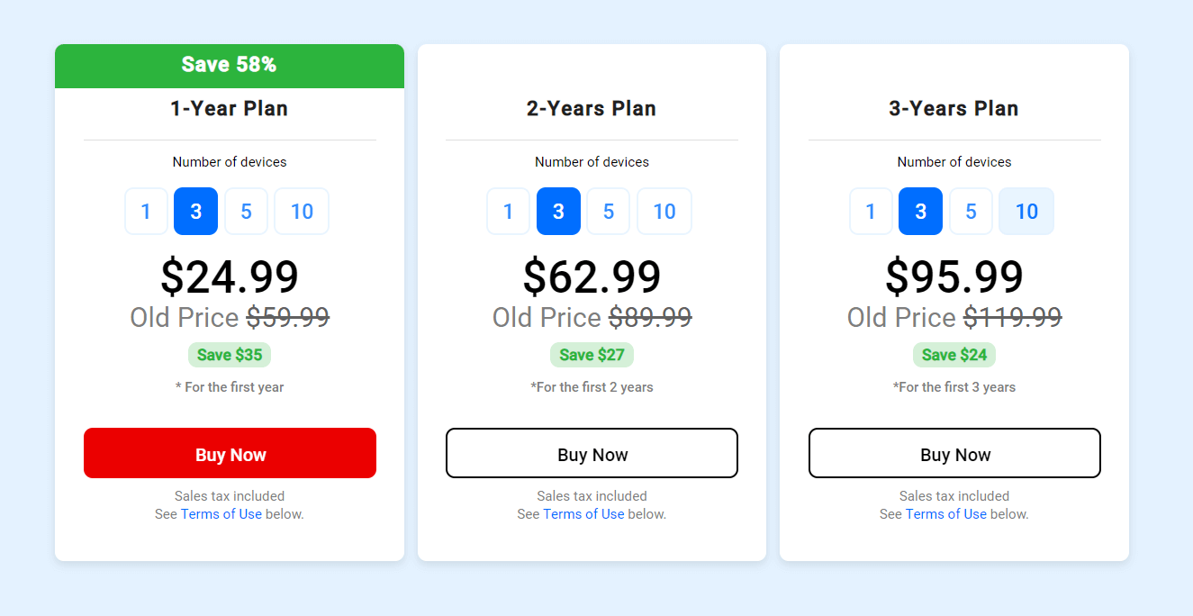 Image showing the pricing plans of Bitdefender Antivirus