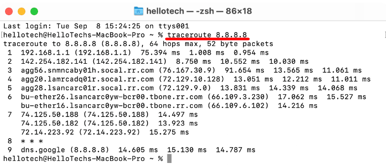 Image showing successfully run traceroute on Mac OS after clicking trace.
