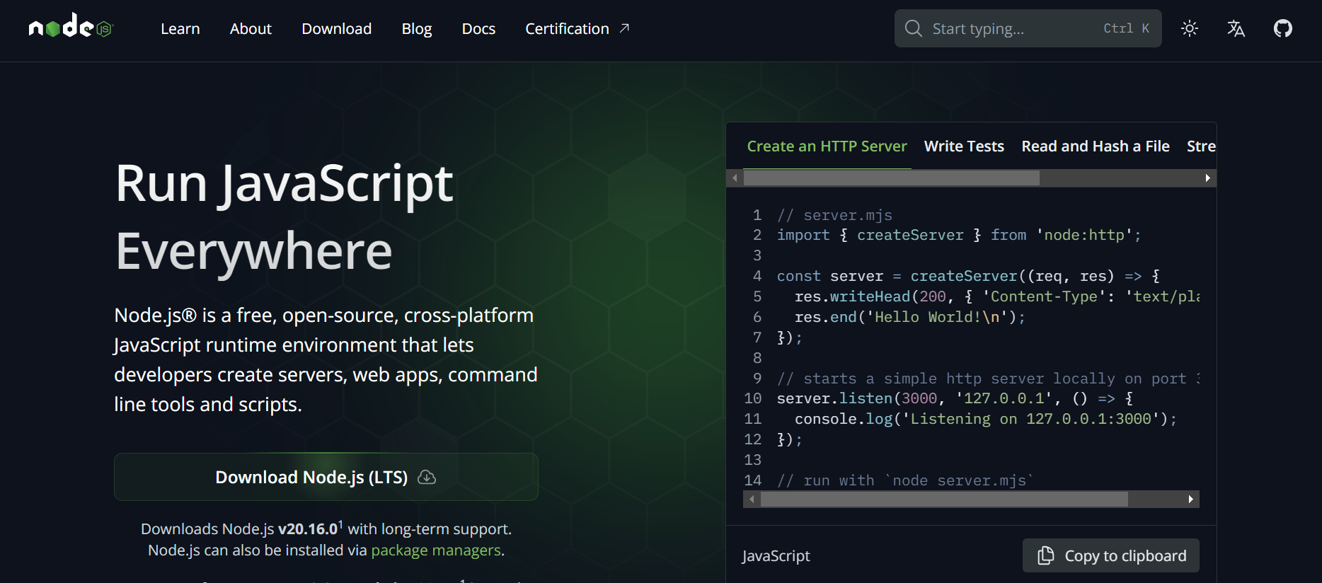 Node.js front page screenshot